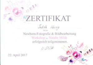 Zertifikat für Judith Häring zur Teilnahme am Workshop Newborn-Fotografie und Bildbearbeitung bei Natalie Milde am 22. April 2017
