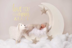 Schlafendes Baby liegt in einer weißen Mondsichel mit Sternen und Kuscheltier neben dem Schriftzug Love you to the moon and back