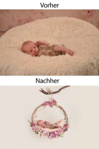 Vorher-Nachher-Vergleich eines Babyfotos: Baby auf heller Unterlage und als Bildmontage in einem blumengeschmückten Ring